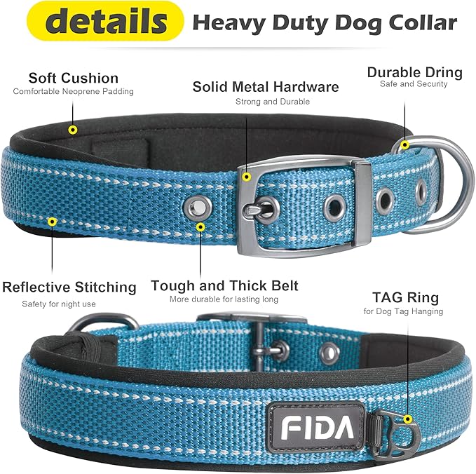 Fida Heavy Duty Dog Collar, Ultra Comfortable Soft Neoprene Padded, Adjustable Reflective Nylon Pet Collar with Durable Metal Belt Buckle for Medium Breeds (M, Blue)-PurrikoPets