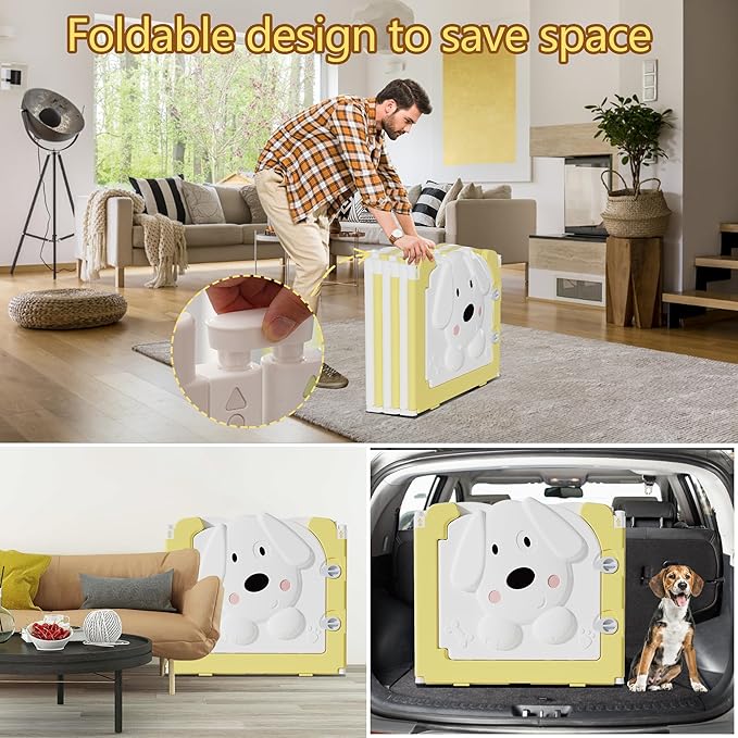 Foldable Dog Play Pen Indoors, Non-Slip Sturdy Puppy Playpen with Door, 25.5" H 10-Panel Adjustable Shape Dog Fence Pen for Small/Medium Dogs, Thickened, Easy to Store, White+Yellow-PurrikoPets