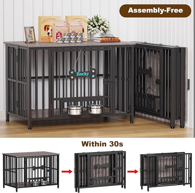 Easycom 41" Dog Crate Furniture Foldable, No Assembly Decorative Dog Kennel Indoor, Dog Crates for Large Dogs (40-65 lbs), Wooden Dog Cage with Adjustable Bowls and Name Tag, End Table, Oak Grey-PurrikoPets