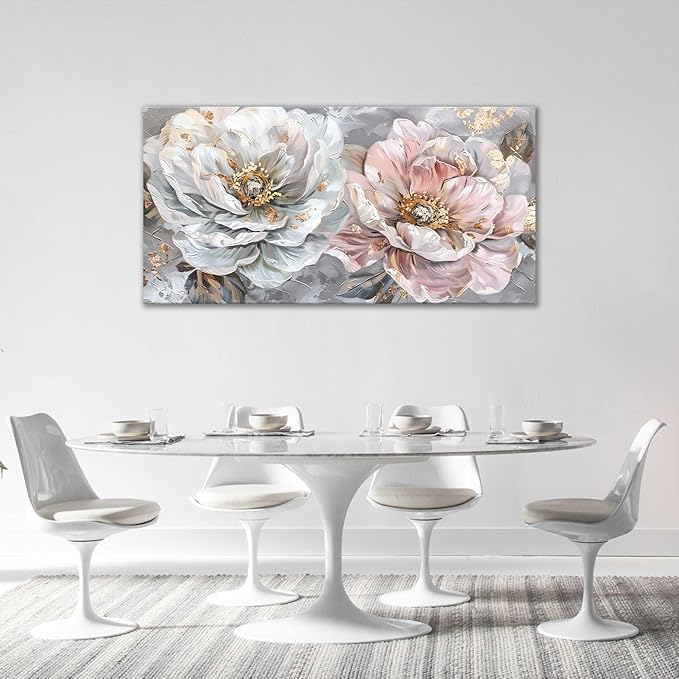 Extra Large Flower Wall Art Pink and White Floral Canvas Living Room Golden Pictures Framed Prints Oversize Wall Decor Big Painting Artwork for Bedroom Dining Office Home 60"x30"-PurrikoPets