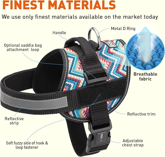 Dogline Dog Harness, Reflective No-Pull Adjustable Vest with Handle for Walking, Training, Breathable, No - Choke Harness for Small, Medium or Large Dogs Room for Patches Aztec Design 2 XS 15"-18"-PurrikoPets