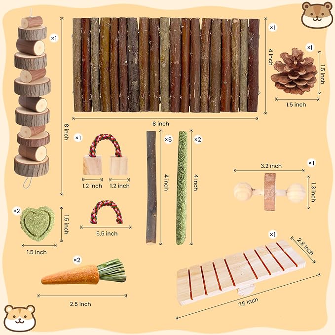 18 PCS Hamster Chew Toys Set, Natural Apple Wood Guinea Pig Toys, Hamster Cage Accessories Include Bridge, Seesaw, Carrot, Timothy Straw Stick Dental Care for Rat Gerbil Chinchilla Rabbits-PurrikoPets