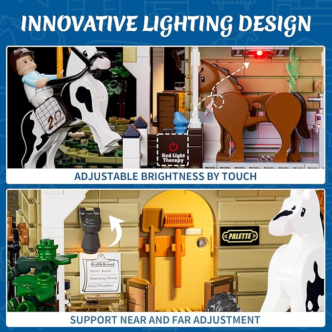 FUNWHOLE Farm Horse-Stable Lighting-Building-Bricks Set - Farm Life Horse Animals Cabin Collection LED Light Cottage Model Display Set 973 Pcs for Adults and Teen-PurrikoPets