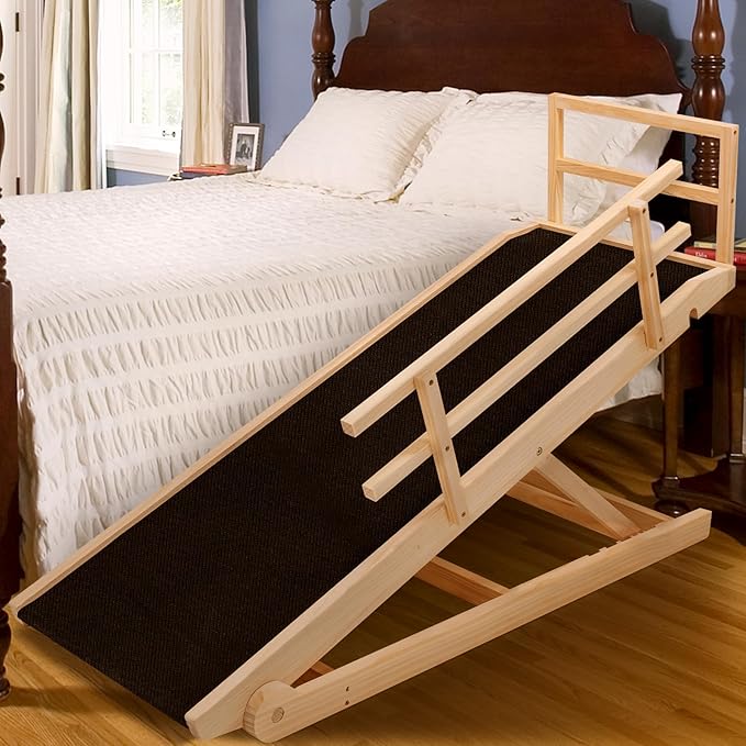 Dog Ramp for Bed, Adjustable Pet Ramps for Dog to Get on Bed, Non-Slip Rubber Surface - Folding Wooden Dog Ramp for Small/Large/Old Dogs, Adjustable up to 31 inch High Beds, Safety Railings-PurrikoPets