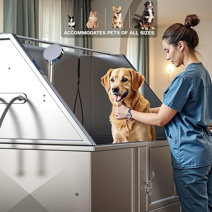 DWVO Professional Pet Dog Bathing Station for Grooming, 50'' Dog Grooming Bathtub with Right Ramp, Floor Grate, Faucet, Showerhead & Soap Holder for Large, Medium & Small Pets-PurrikoPets