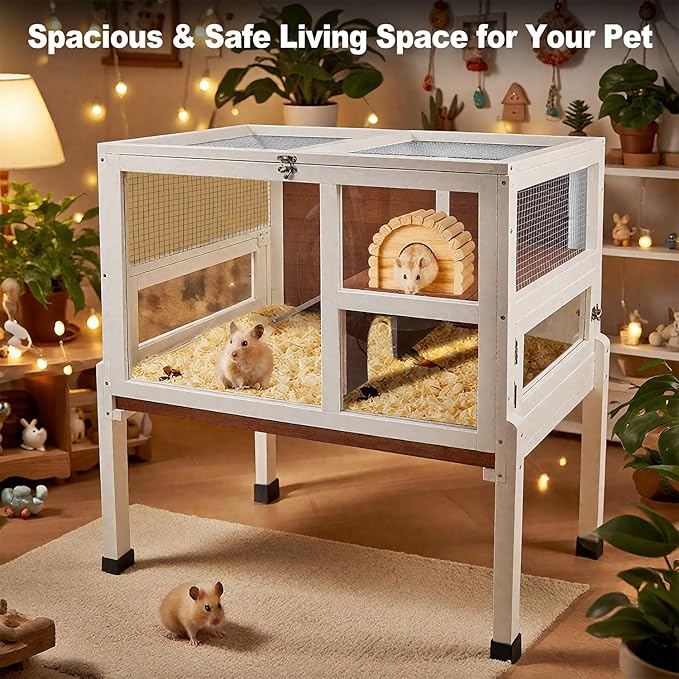 2-Story Guinea Pig Cage with Stand, Indoor Wooden Hamster Cage with Ramp, Pull-Out Tray, Hideout & Platform, Acrylic Transparent Small Animal Habitat for Chinchillas, Ferrets, Hedgehogs, Walnut-PurrikoPets