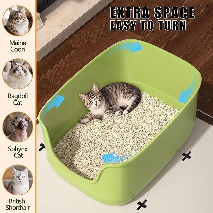 Gefryco Large Cat Litter Box with High Sided 24.6"x18.3"x12.2" - Jumbo Extra Large Open Anti - Splashing High Wall for Multiple Cats (Green)-PurrikoPets