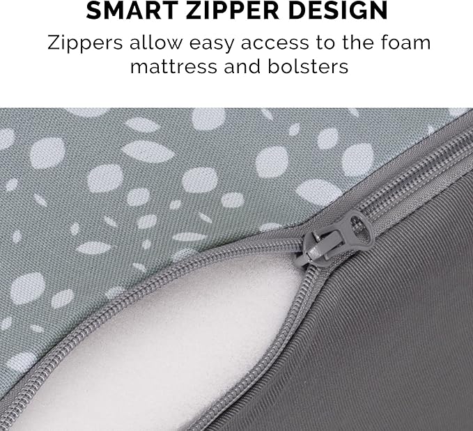 FurHaven Supportive Cooling Memory Foam L Chaise Dog Bed with Washable & Removable Cover - Plush & Almond Print - Gray Almonds, Dogs Up to 35 lbs - Medium-PurrikoPets