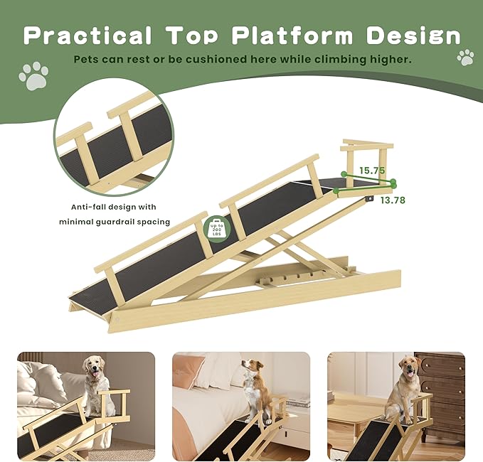 6 Level Height Adjustable Dog Ramp for Bed, Couch 65" Foldable Pet Ramp with Non-Slip Mat，DIY Glow Strips & Rest Platform Heavy Duty Dog Stairs for Large Dogs up to 200Lbs ，Wood Color-PurrikoPets