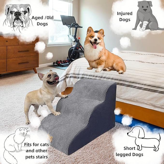 3-Step Dog Stairs for High Beds & Couches Multi-Step Non-Slip Pet Steps with Balanced Ramp Indoor 2 3 4 5 Step Stairs for Small to Large Dogs and Cats Non-Slip Stickers 30D Grey-PurrikoPets