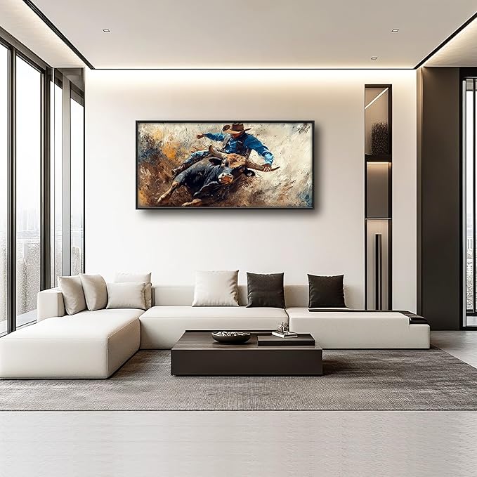 Framed Large Western Cowboy Wall Art, Oversized Rustic Cow Wall Decor for Living Room, Dusty Canvas Painting Pictures Vintage Artwork Home Decoration for Living Room Bedroom Office 60"x30"-PurrikoPets