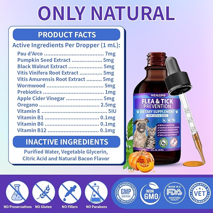 Flea and Tick Prevention Support for Cats and Dogs Natural Flea Treatment Drops with Multivitamin for Pets Oral Natural Supplement Flea and Tick Treatment Drops for All Breeds and Ages-PurrikoPets