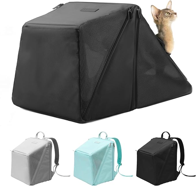 Expandable Cat Backpack Carrier Pet Soft-Sided Mesh Backpack Carrier for Cats Small Dogs Dual-Layer Ventilated Privacy Cat Backpack for Travel Outdoor Camping (Midnight Black)-PurrikoPets