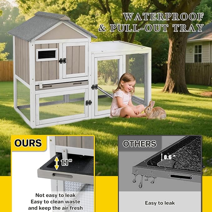 47''L Rabbit Hutch Outdoor Chicken Coop with Run, Wooden Indoor 2 Story Bunny House with Waterproof Roof, Pull Out Tray, Guinea Pig Rabbit Duck Cage for Small to Medium Animals and Pet Lover, Gray-PurrikoPets