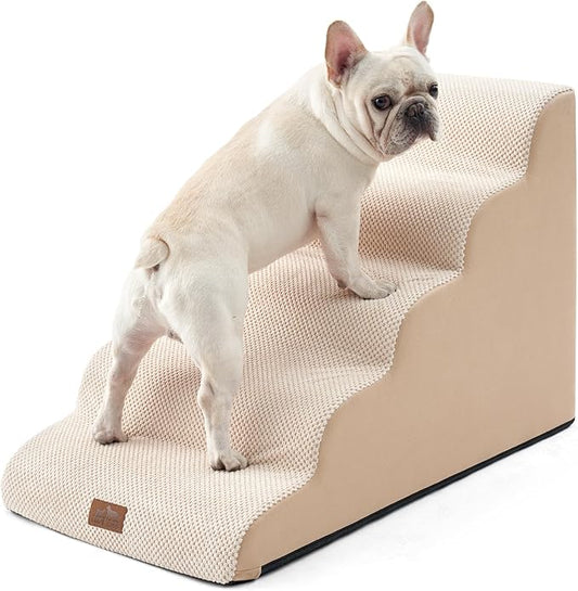 Extra Wide Dog Stairs 19.7" Width, Pet Step for Small Medium/Large Dog, Puppy or Cat, Pet Ramp for High Bed or Car, High Density Foam Ladder, Stable, 5 Step, 19.7x33x22.4 in, Beige-PurrikoPets
