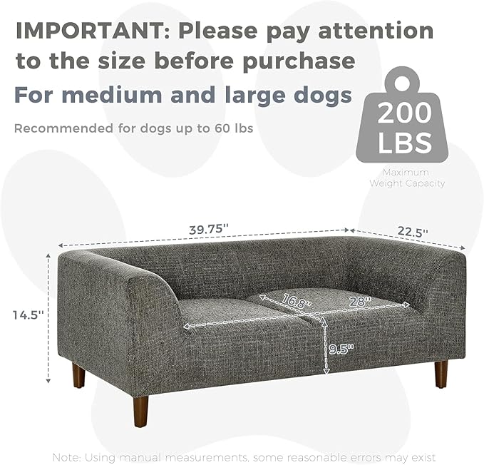 Dog Sofa Couch for Medium to Large Dogs, Memory Foam Dog Sofa Bed, Modern Elevated Pet Couch Bed with Wooden Legs for Medium and Large Dogs, Dark Grey-PurrikoPets