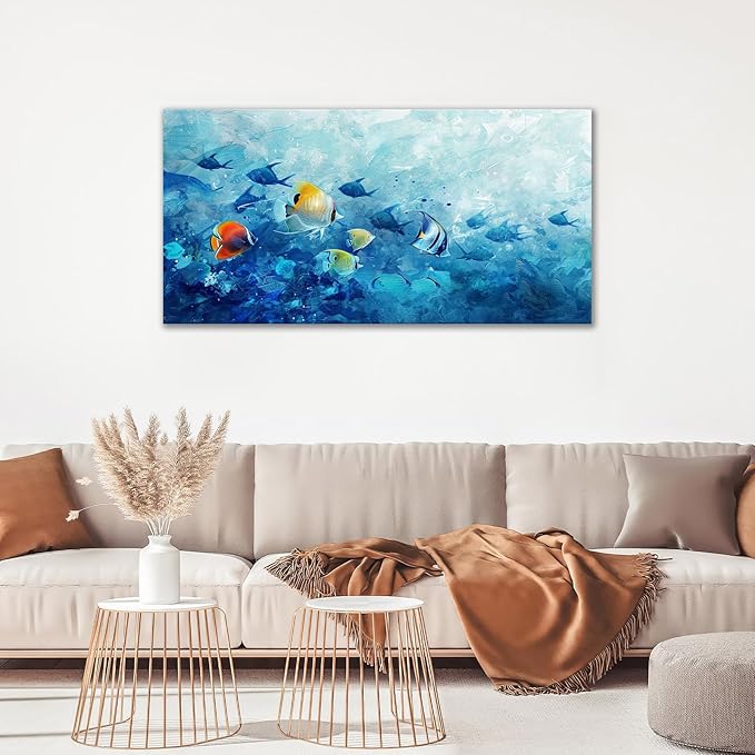 Extra Large Wall Art Tropical Fish Canvas Living Room Pictures Framed Prints Ocean Blue Oversize Wall Decor Animal Painting Artwork for Bedroom Dining Office Home 60"x30"-PurrikoPets