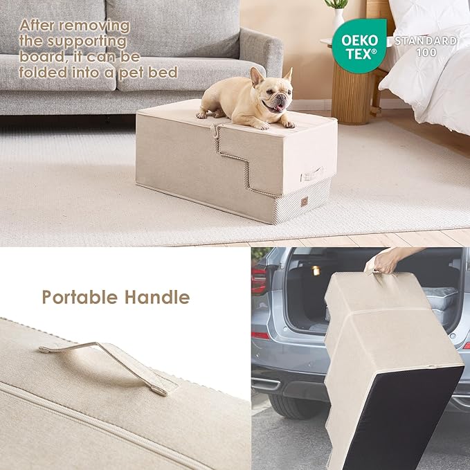 EHEYCIGA Dog Stairs for High Bed 22.5" H, 5-Step Dog Steps for Bed, Pet Steps for Small Dogs and Cats, Non-Slip Balanced Pet Ramp Indoor, Beige-PurrikoPets