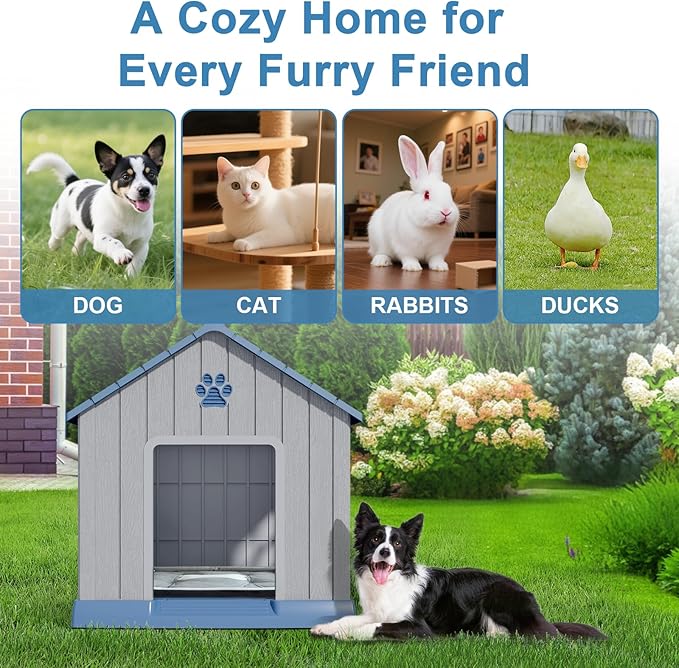 Dog House Indoor Outdoor for Small to Large Sized Dogs Resin Outdoor Dog House with Ventilation Puppy Shelter with Elevated Floor, Easy to Assemble, Blue-PurrikoPets