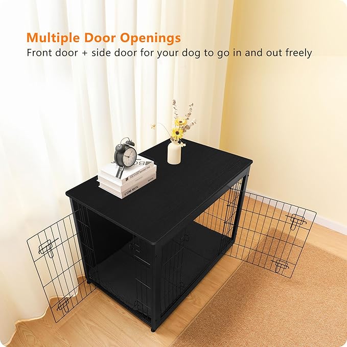 DWANTON Dog Crate Furniture with Cushion, Wooden Kennel Table with Double Doors, Indoor Dog House, Large Size, 38.5" L, Black-PurrikoPets