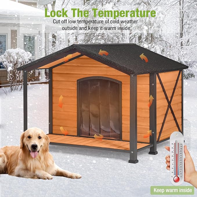 Dog House Outdoor Large Insulated Dog Kennel with Liner for Winter Waterproof Dog Cage for Small & Medium & Large Dogs,Unique All-Around Iron Frame-PurrikoPets