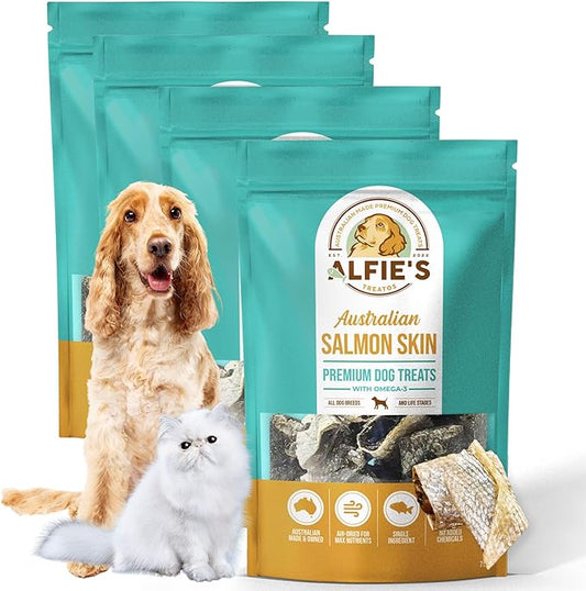 ALFIE'S TREATOS Salmon Skin Treats for Dogs & Cats (10.6 oz, 4x2.65 oz), Bulk Bundle, Air-Dried Fish Skin Dog Treats, Omega-3 Food Topper & Training, Single Ingredient, Freeze-Dried Alternative-PurrikoPets