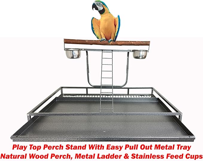 Extra Large Elegant and Durable Wrought Iron Climbing Ladder Perch Stand Play Top Ground Bird Parrot Metal Cage Around Seed Guard Storage Shelf with Heavy Duty Lockable Rolling Wheels-PurrikoPets