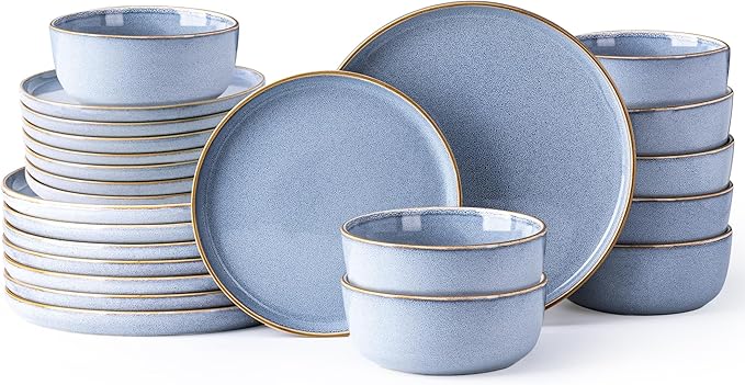 GBHOME Ceramic Dinnerware Sets for 8, 24 Pieces Stoneware Plates and Bowls Sets, Scratch Resistant Dishes, Dishwasher & Microwave Safe, Reactive Glaze-Brunnera Blue-PurrikoPets