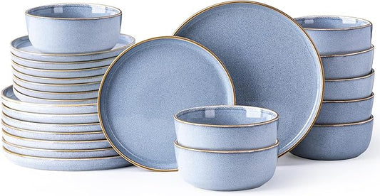 GBHOME Ceramic Dinnerware Sets for 8, 24 Pieces Stoneware Plates and Bowls Sets, Scratch Resistant Dishes, Dishwasher & Microwave Safe, Reactive Glaze-Brunnera Blue-PurrikoPets