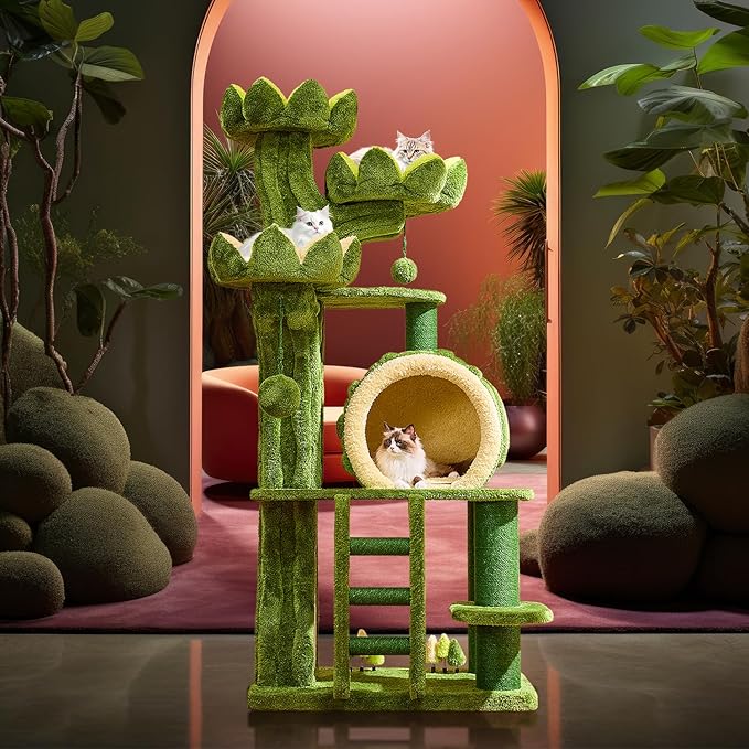 80.3'' Modern Cat Tree, Tall Cat Tower for Indoor Cats Adults, Luxury Climb Tower with Scratching Post, Heavy Duty Cat Condo with Ladder, Toys, Double Sided Mat, Lotus Perch for Multi-Cat Families-PurrikoPets