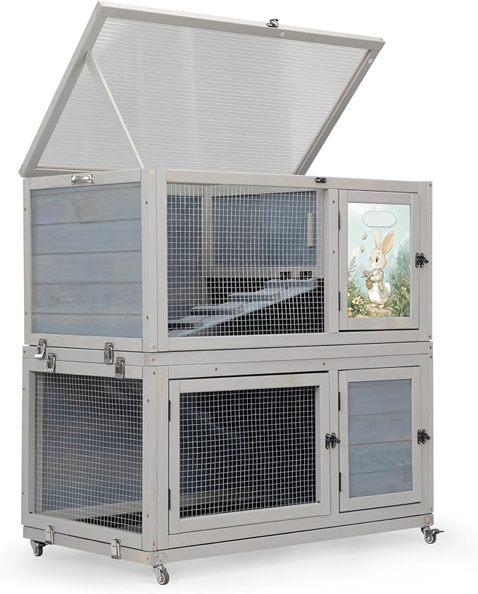 2-Story Wooden Rabbit Hutch for Outdoor & Indoor, Bunny Cage Rabbit House with Wheels, Trays, Ramp, Pet Home for Guinea Pigs, Chickens, Chicken Coop, Gray with Colorful Patterns-PurrikoPets