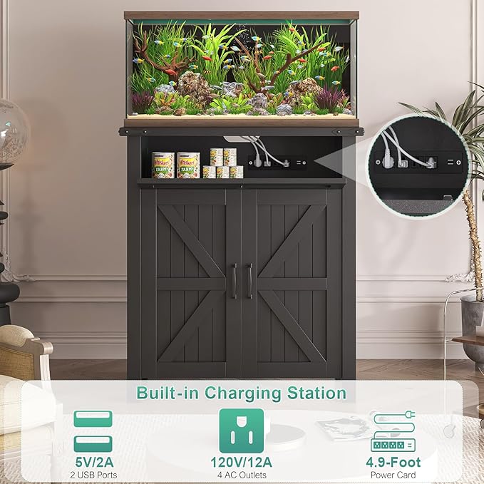 20 Gallon Aquarium Stand With Charging Station, Farmhouse Fish Tank Stand, Reptile Tank Stand Terrarium Stand with Drawer and Cabinet Storage, Sturdy Heavy Duty 27.6"×15.7" Tabletop - Black-PurrikoPets