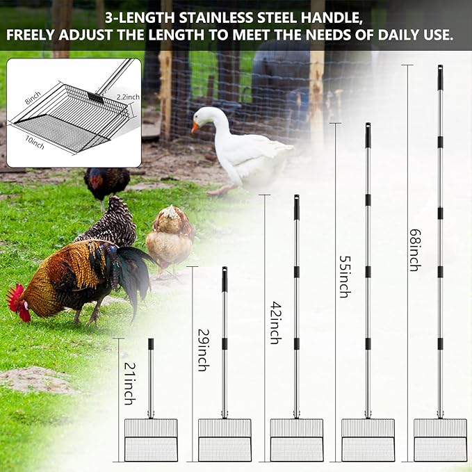 10 Inch Chicken Poop Scooper, Large Metal Chicken Coop Scoop, Chicken Litter Sifting Shovel, Chicken Coop Rake with Retractable Stainless Steel Handle, Chicken Coop Cleaning Tools Accessories-PurrikoPets