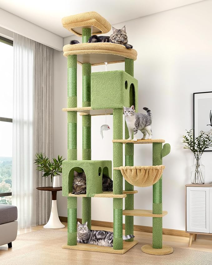 Globlazer Cactus Giant Cat Tree, 83 inch Cat Tree for Indoor Cats Large Adult, XXL Cat Tower with 9 Scratching Posts for 20lb+ Heavy Duty Large Adult Cats, F83, Green-PurrikoPets