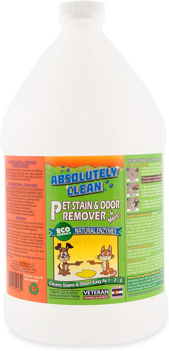 Absolutely Clean Amazing Pet Odor Eliminator for Home, Professional Strength: Natural Enzymes Remove Most Stains in 60 Seconds -Dog/Cat Urine, Vomit, Bile, Feces, Grass, Blood, Drool, More -USA Made-PurrikoPets