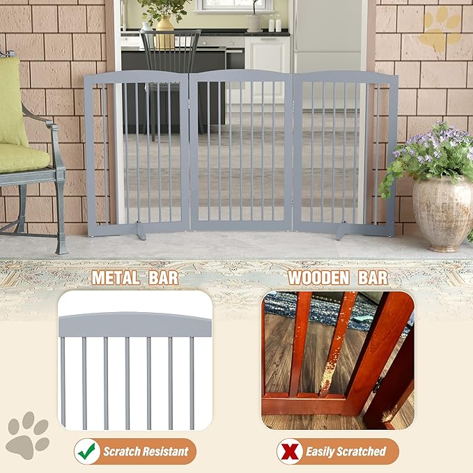 Freestanding Pet Gate for Dogs, Foldable Wooden Dog Gate for House Indoor, Tall Pet Fence for Stair, Doorway,Hall, Support Feet Included, 3 Panels 32",Grey-PurrikoPets