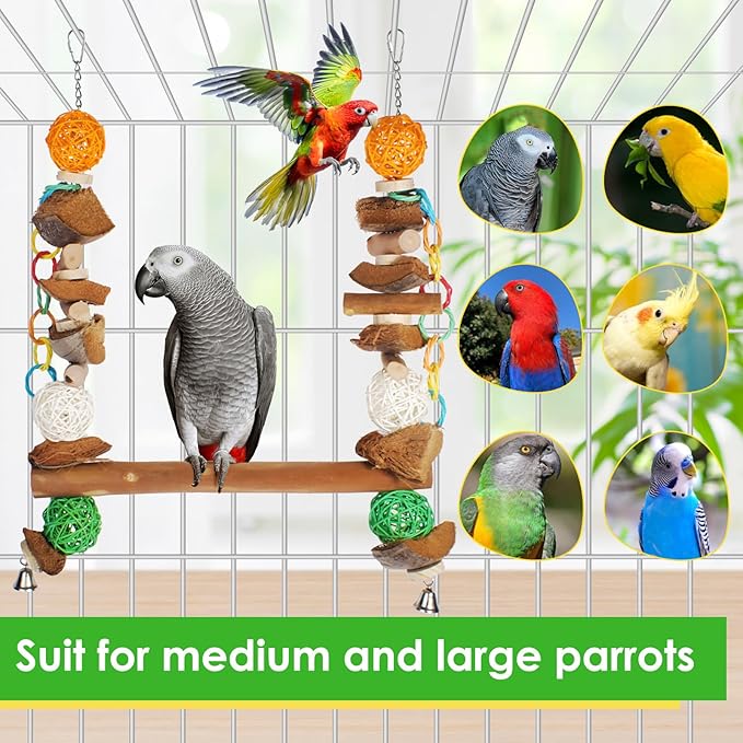 3-in-1 Parrot Toys Natural Coconut Fiber Parrot Hammock (Swing + Perch + Chew Toy) Natural Bird Perches for Medium Large Birds - 23" Bird Toys for Parrots Stand-PurrikoPets