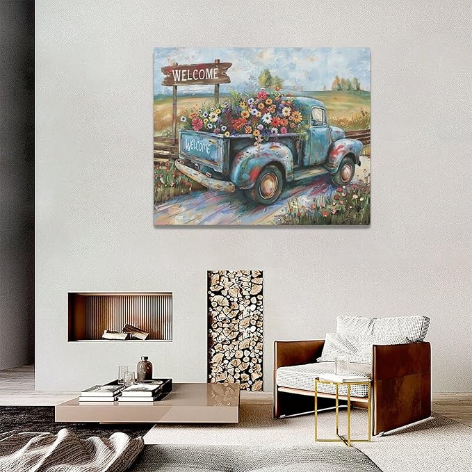 Farmhouse Truck Wall Art Rustic Country Wildflowers Wall Decor Road Flowers Landscape Pictures Canvas Print Painting Artwork for Bathroom Living Room Bedroom 16"x20"-PurrikoPets