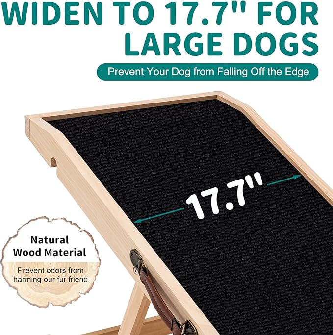 Dog Ramp for Bed, Adjustable Pet Ramps for Dog to Get on Bed, Non-Slip Rubber Surface - Folding Wooden Dog Ramp for Small/Large/Old Dogs, Adjustable up to 19.5 inch High Beds-PurrikoPets