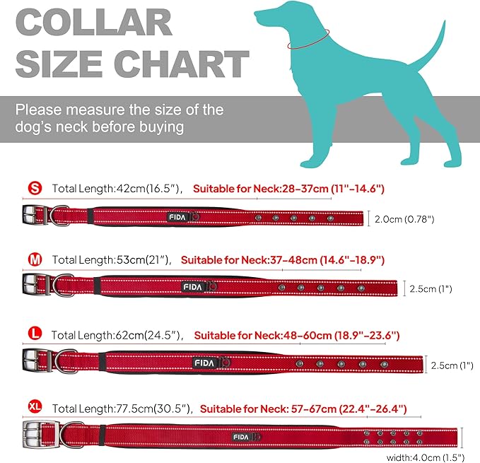 Fida Heavy Duty Dog Collar, Ultra Comfortable Soft Neoprene Padded, Adjustable Reflective Nylon Pet Collar with Durable Metal Belt Buckle for Medium Breeds (M, Red)-PurrikoPets