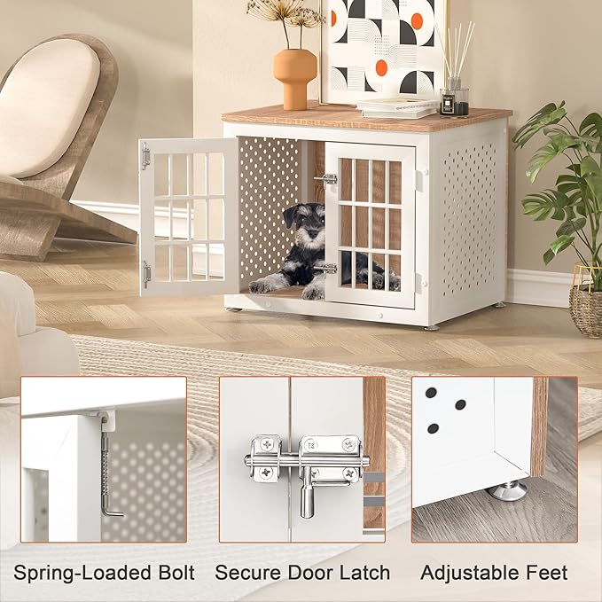 26" Heavy Duty Dog Crate Furniture for Small Dogs, Metal Kennel for High Anxiety Dogs, Chew Proof Pet Cage Indoor, Decorative Dog Kennel End Table,White-PurrikoPets