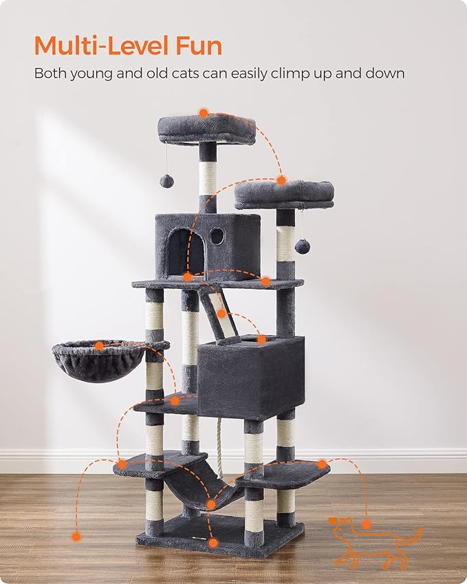 Feandrea Cat Tree, 66.1-Inch Large Cat Tower with 13 Scratching Posts, 2 Perches, 2 Caves, Basket, Hammock, Pompoms, Multi-Level Plush Cat Condo for Indoor Cats, Smoky Gray UPCT165G01-PurrikoPets