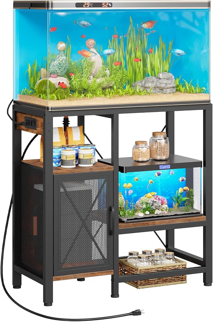20-37 Gallon Fish Tank Stand, Aquarium Stand with Power Outlet and Storage Cabinet, Heavy Duty Tank Stand Suitable for Turtle Tank, Reptile Terrarium, for Home Office, Rustic Brown FTHR40E01-PurrikoPets
