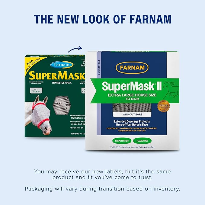 Farnam SuperMask II Fly Mask Without Ears for Larger Horses, Full Face Coverage and Eye Protection from Insect Pests, Structured Classic Styling Mesh with Plush Trim, XL Size-PurrikoPets
