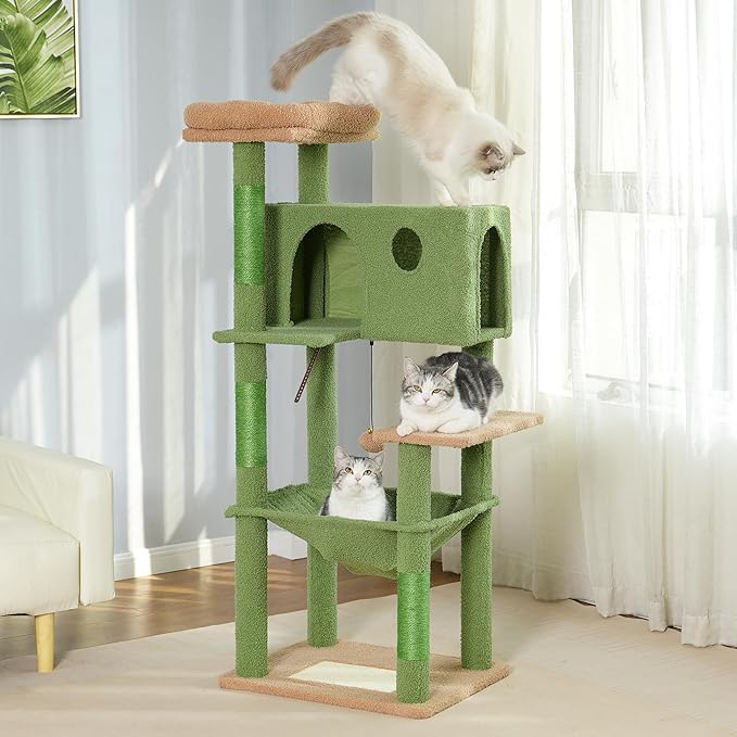 54” Cat Tree for Large Cats Big Cat Tower with Enlarged Hammock 21.6x17.7” Spacious Cats Condo House, Roomy Top Bed,Multiple Scratch Posts and Pad for Indoor Adult Cats (Green, Large-54)-PurrikoPets