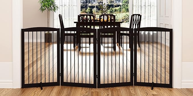 Freestanding Pet Gate for Dogs, Indoor Wooden Foldable Dog Gate for House, Doorway, Stair, 80 Inch Wide, 4 Panels 32",Brown-PurrikoPets