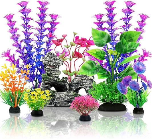 Fish Tank Accessories Aquarium Decorations Plants, 9pcs Colorful Fish Tank Artificial Plants and Cave Rock Decor Set, Aquarium Decor Plastic Plants-PurrikoPets