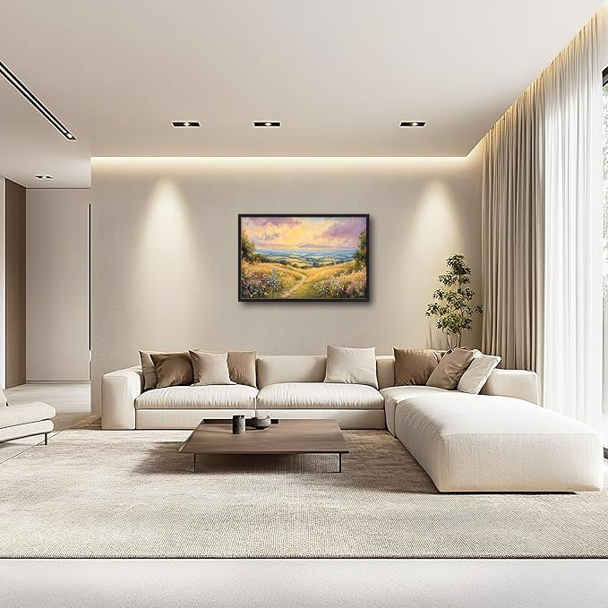 Framed Large Rustic Wall Art for Living Room, Oversized Farmhouse Countryside Nature Landscape Wall Decor Wildflower Field Canvas Painting Floral Pictures Modern Artwork for Bedroom Office 36"x24"-PurrikoPets