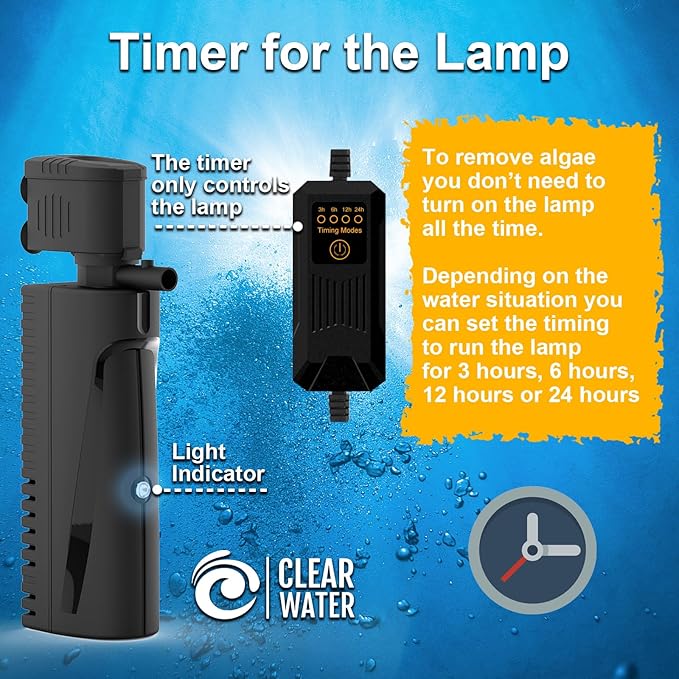 Fish Tank Filter with U - V Light & Timer (3/6/12/24 Hours) for Green Water Cleaning, Aquarium Filter with Aeration Turtle Tank Filter with Pre-Filter Sponge for Tanks 40-70 Gallon-PurrikoPets