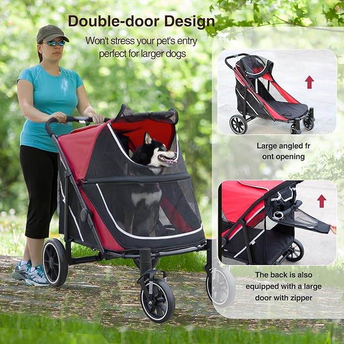 Dog Stroller for Medium/Large Dogs One-Click Folding, Extra Large Pet Stroller for 2 Dogs with Storage Pocket & Shock Absorption, Up to 130 lbs, Red-PurrikoPets